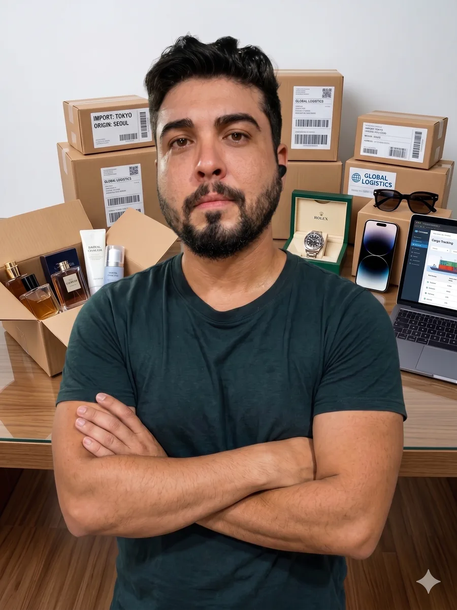 Mentor do Hub dos Gringos com produtos e caixas